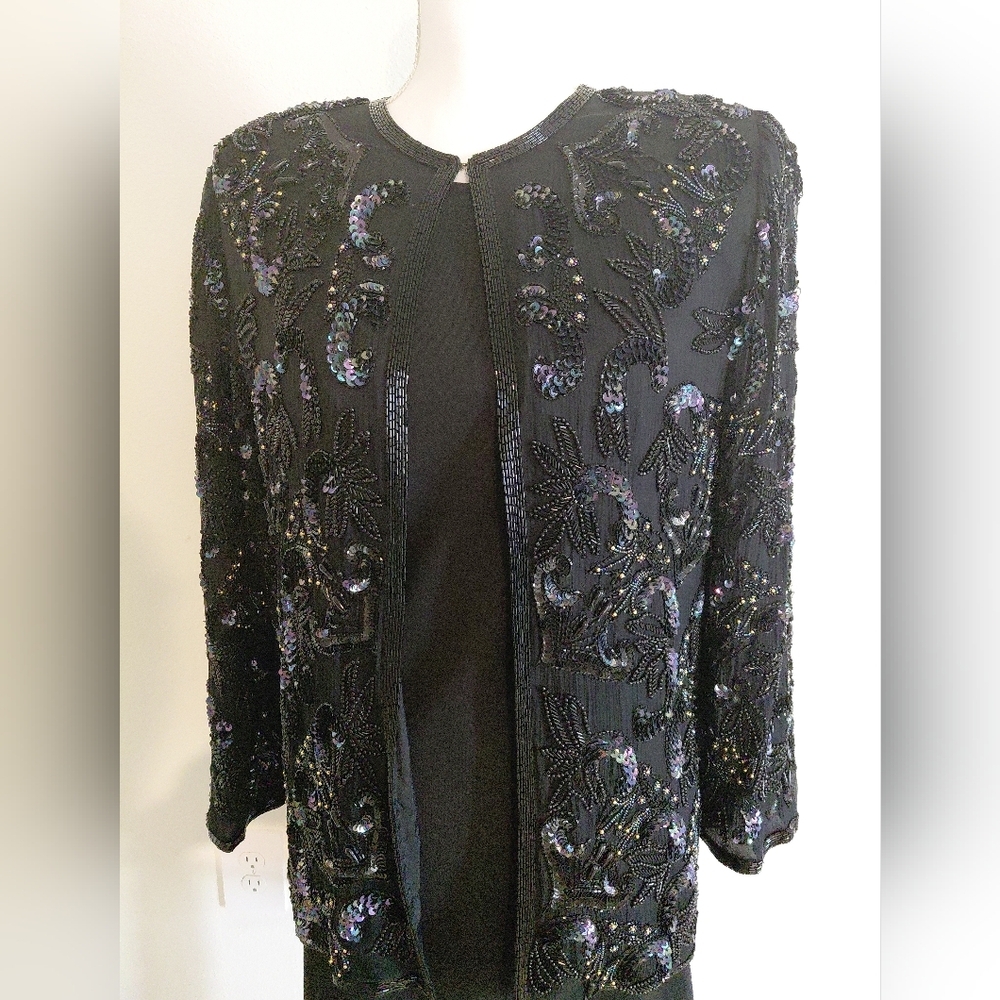 Vintage Beaded Silk Evening Jacket Sequin Blazer Glam Art Deco Style - Picture 2 of 13